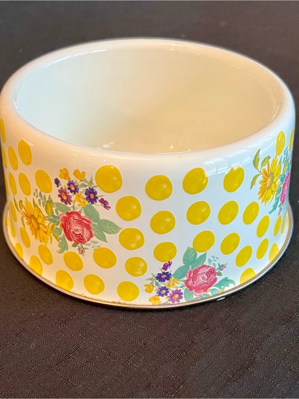 MacKenzie Childs Polka Dot Floral Pet Bowl with Two Silver Metal Inserts